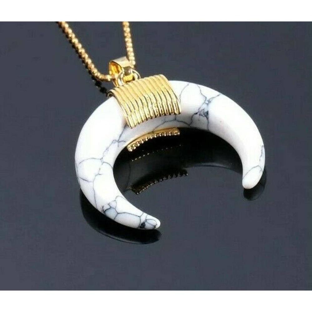 White Necklace Pendant Crescent w Gold Chain